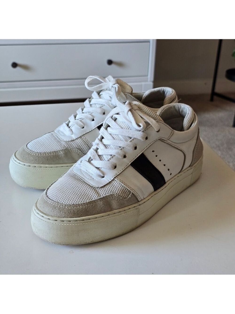Arigato White and Black Retro Mid-Top Sneakers with Suede and Leather